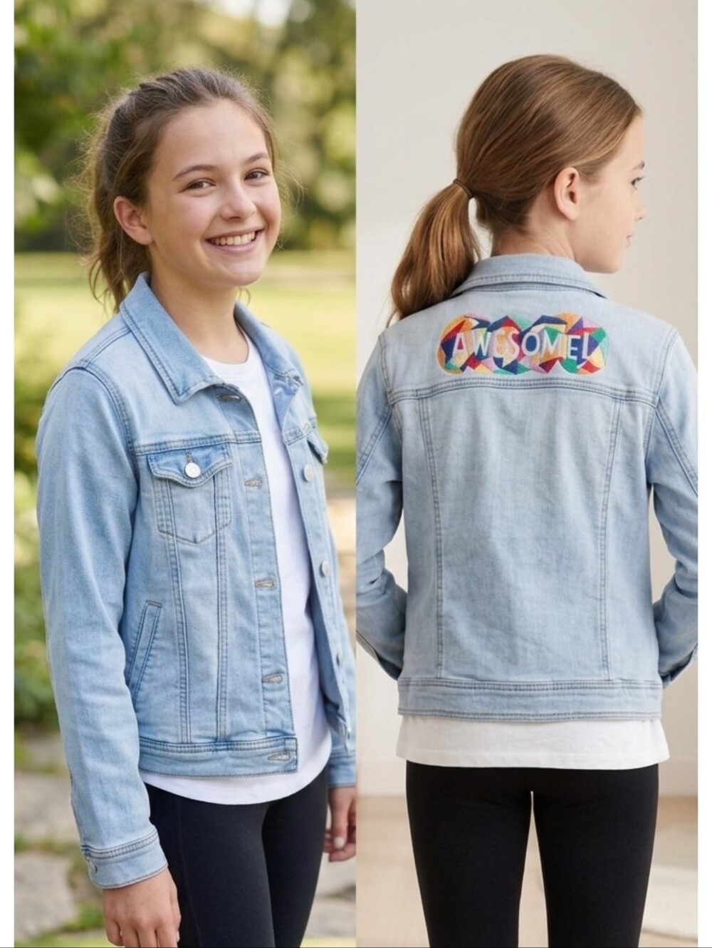 Cat & Jack Jean Jacket Rainbow AWESOME Embroidered on back Blue Size XL (14/16)